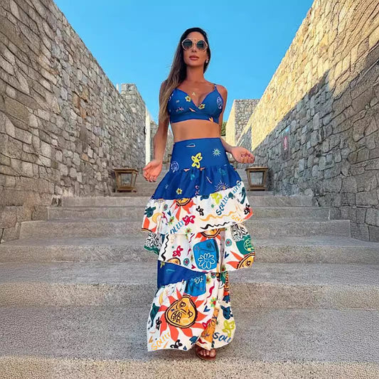 A blue print European and American vacation beach wind deep V-neck sexy waist sleeveless women's skirt set 2024 new