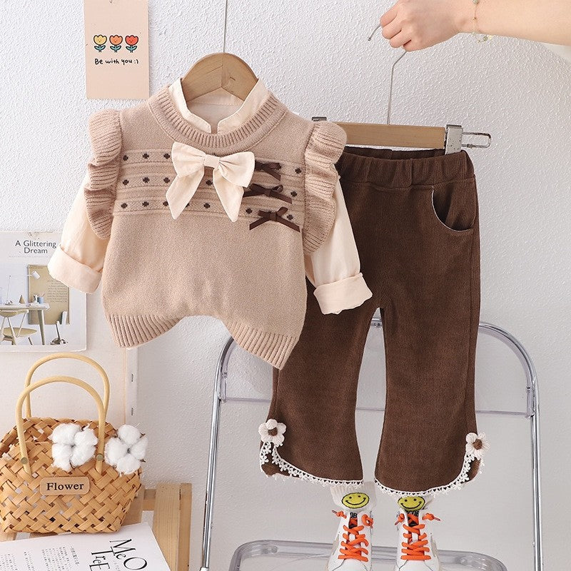 A spring new girls bow sweater vest three-piece baby girl solid color shirt long sleeve set trendy