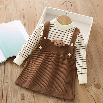 Vestido de niña Otoño e Invierno Falda de niña Falda de suéter de punto de dos piezas falsa para niños