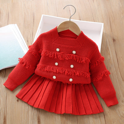 A Girls sweater set  autumn Korean version of fashionable little girl fringed foreign style knitted long-sleeved pullover two-piece set