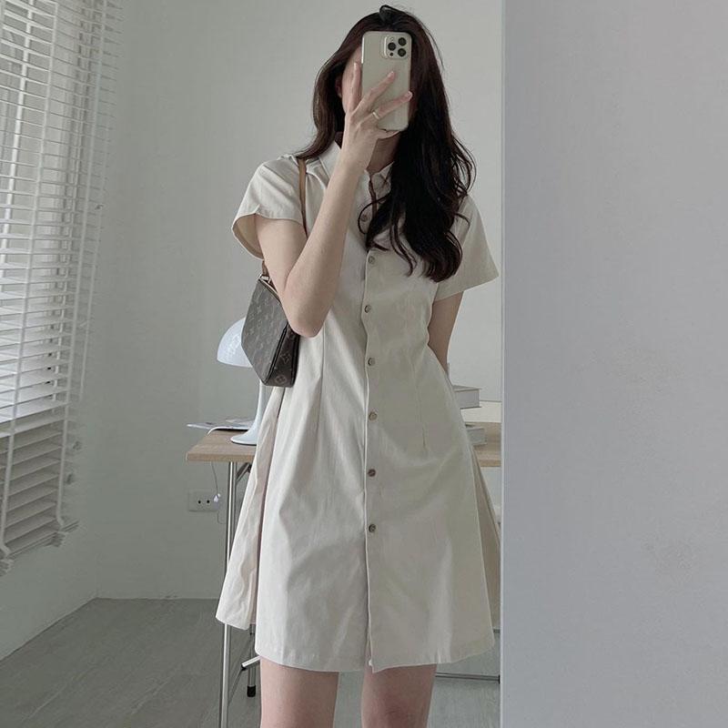 A Korean chic summer simple temperament lapel single-breasted waist thin short-sleeved shirt-style small dress