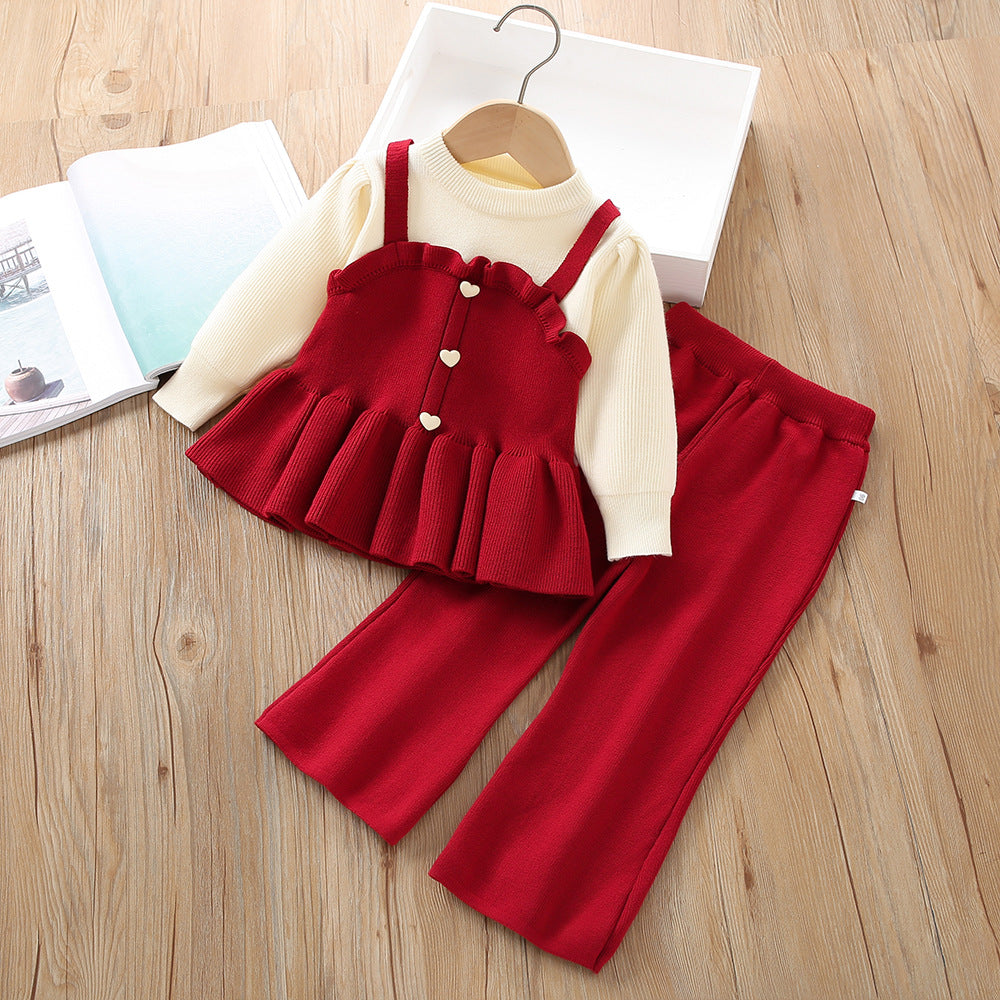 A girls sweater set autumn new Korean version foreign style little girl fake two pieces knitted long-sleeved two-piece pants