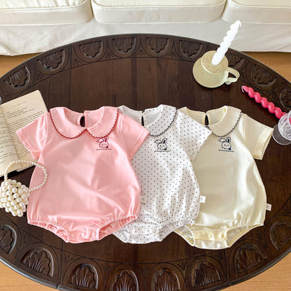 A ins wind summer baby girl triangle bag fart clothes baby rabbit embroidered jumpsuit newborn doll collar climbing suit