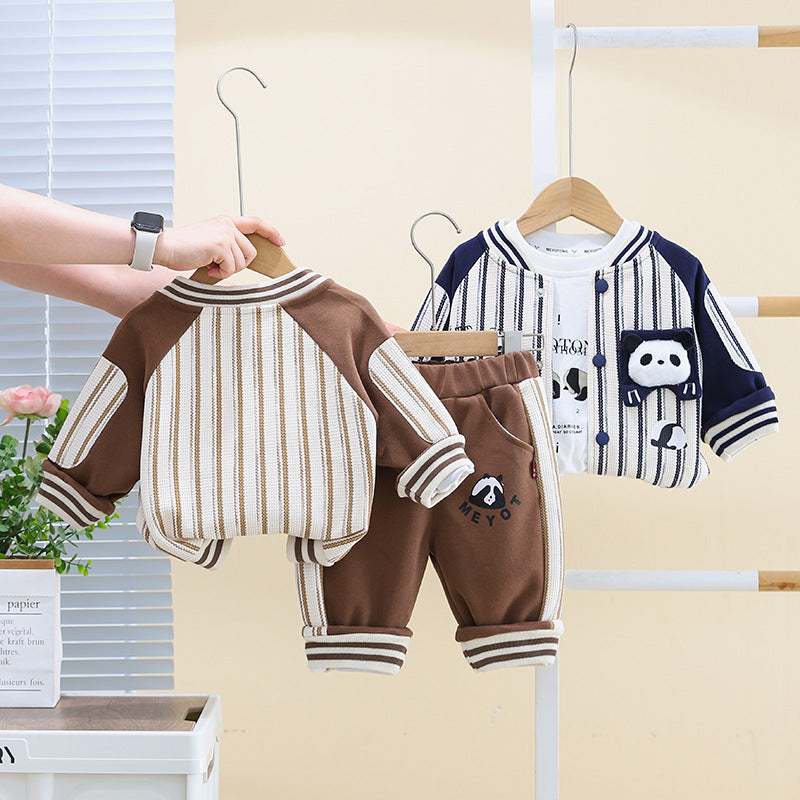 A Boys Autumn Suit New Children's Vertical Strip Cartoon Foreign Style Baseball Suit Baby Casual Jacket Three-piece Set