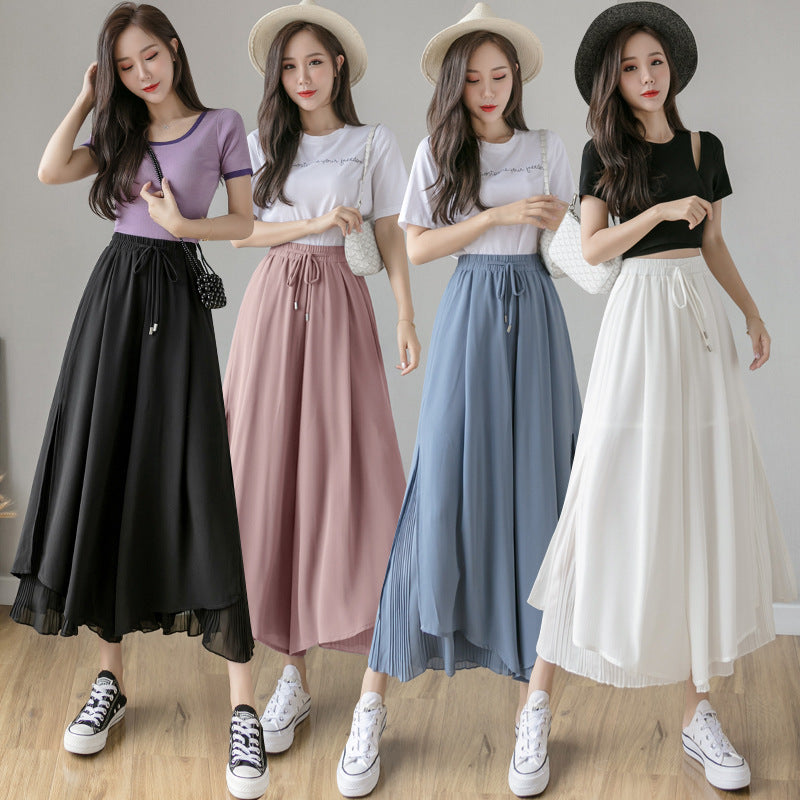 A real shot chiffon wide-leg pants women's 2024 summer high-waisted culottes loose and drape nine-point pleated wide-footed pants skirt