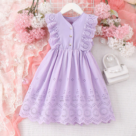 A Cross border Summer New Girl's Dress for A Foreign Trade, Children's Solid Lace Flying Sleeves, Hollow Single breasted A-line Skirt