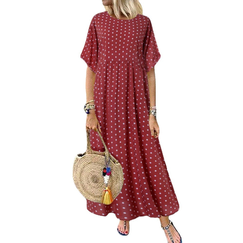 Polka dot loose plus size women's skirt with full hem, round neck pullover half-sleeved dress, temperament commuting long skirt