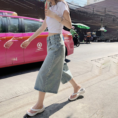 A orange silk women&#039;s dress # American street retro ins black and gray wide-leg cropped pants spring and summer high waist high street jeans pants women