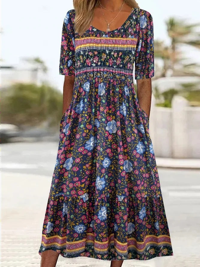 A 2024 Europe, America, Amazon Summer New Women's Crew Neck Short Sleeve Long Dress Bohemian Print Dress Women