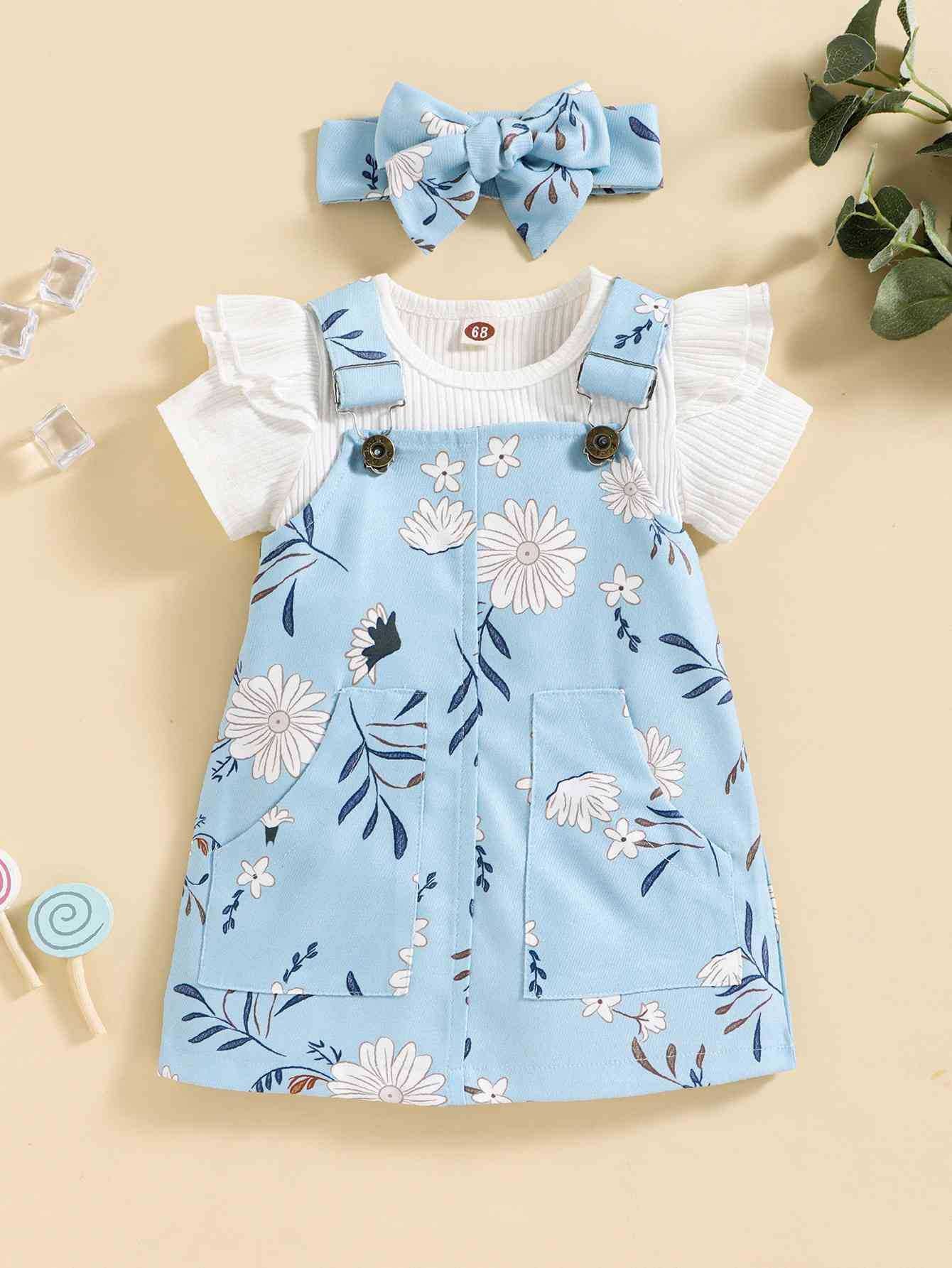 Children's Clothing Spring Summer Korean Girl Flying Sleeve Short Sleeve Bag Fart Dress Flower Print Strap Dress Baby Set 0.15kg