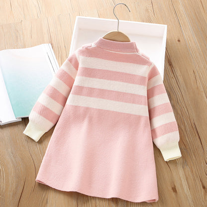 A girls sweater dress autumn and winter new Korean version fashionable cartoon cute striped fake two-piece wool skirt