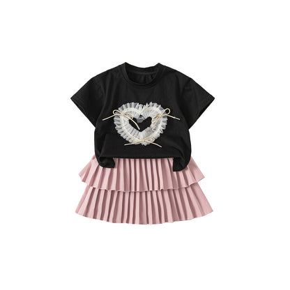 A Babycity Children's Set Girl's Mesh Love Short sleeved Summer Little Girl's Pleated Skirt Two Piece Set T24057