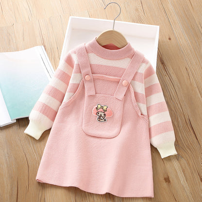 A girls sweater dress autumn and winter new Korean version fashionable cartoon cute striped fake two-piece wool skirt