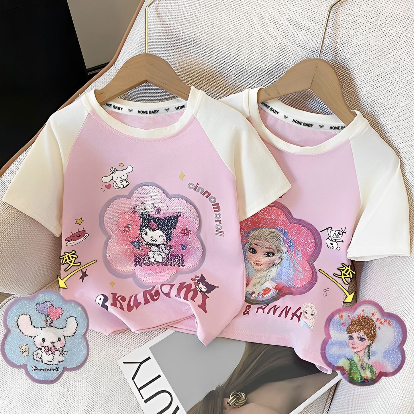 Una camiseta de manga corta para niñas, de verano, de algodón, de princesa, con lentejuelas de colores, ropa con patrón cambiante, abrigo para niñas pequeñas 