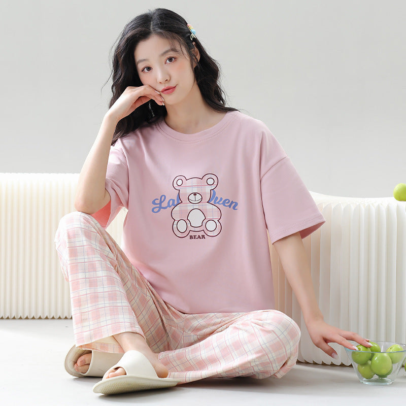 A pajamas women's summer women's pure cotton thin cool short-sleeved trousers round neck summer large-size women's loungewear suit