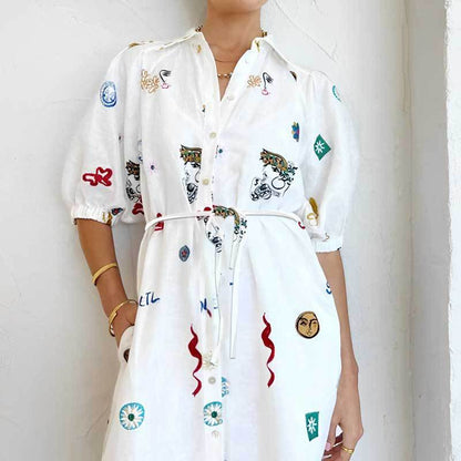 A 2024 Summer Women's Clothing Express European and American New Products Printed Lapel Long Waist Lace Up Shirt Dress Women