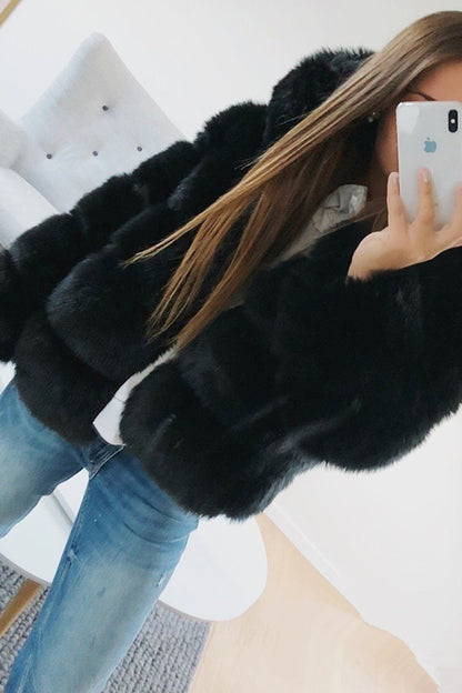 A Amazon lady autumn and winter thickened warm fluffy jacket long sleeve hat imitation rabbit fur jacket