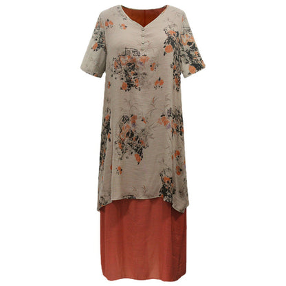 Plus size women's long skirt, round neck pullover, fake two piece cotton and linen dress, printed skirt wholesale