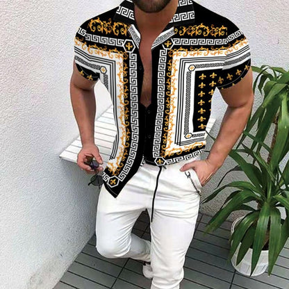 A 2023 Cross border Factory Direct Sales Summer New Ethnic Style Men's Short sleeved Shirts Ethnic Printed Cardigan Top