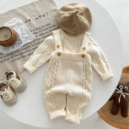 A baby Korean version autumn and winter new twist knitted overalls set boys and girls pullover sweater jumpsuit