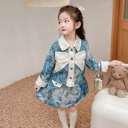 Traje de niña con fragancia pequeña, traje de primavera, nueva versión coreana para niñas, chaqueta con estampado floral, falda, conjunto de dos piezas, 0,49 kg 