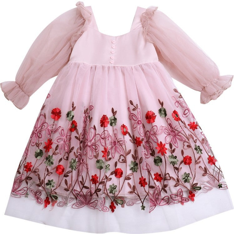 Girls&#039; dresses spring and autumn children&#039;s lace online celebrity exotic little girl baby long sleeve chiffon skirt summer.0.51kg