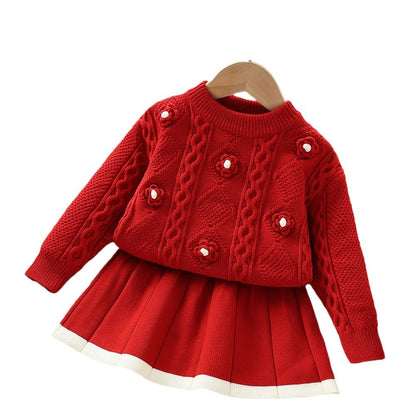 A girls sweater set autumn and winter new sweet foreign solid color three-dimensional flower knitted pullover two-piece set trendy