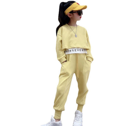 Girls' casual suit, fashionable fake two-piece girl's sweatshirt, trousers, sportswear, two-piece autumn suit, foreign children's suit, 0.38kg