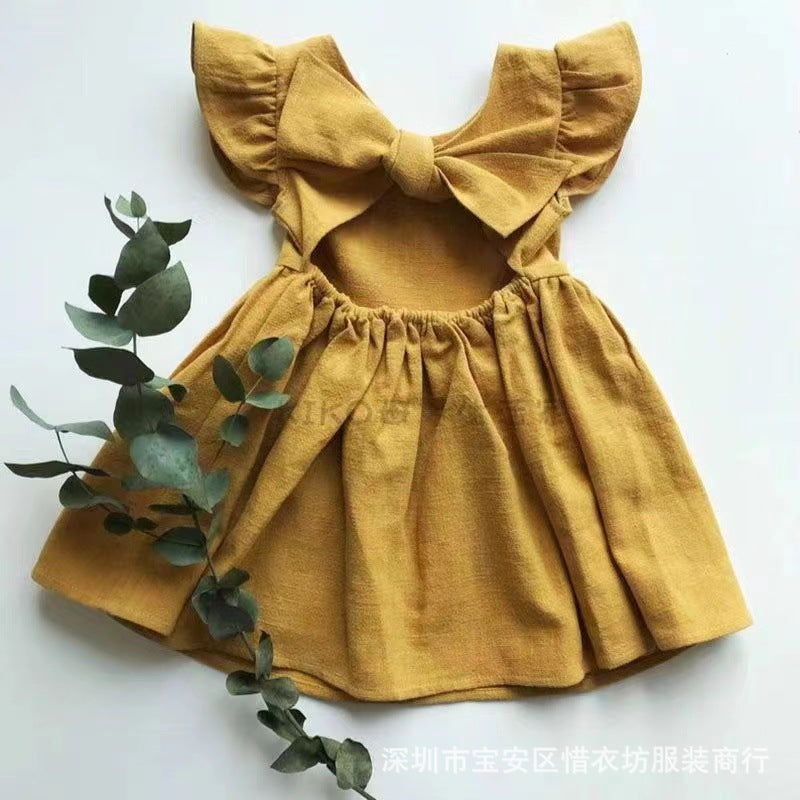 European and American style summer dress for girls, cotton and linen thin style for girls, flying sleeves, solid color backless skirt, 0.05kg