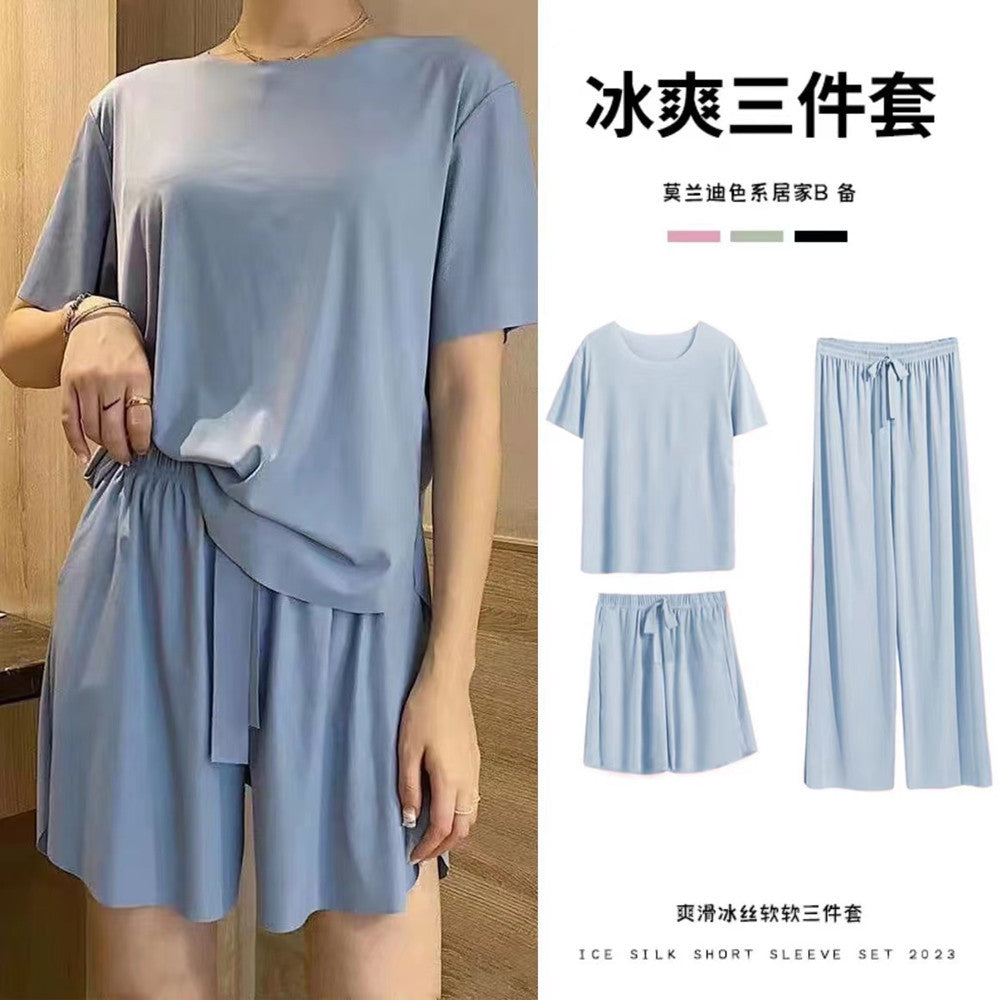 A Summer soft ice silk pajamas three-piece women's loungewear simple casual and comfortable loose short-sleeved shorts set