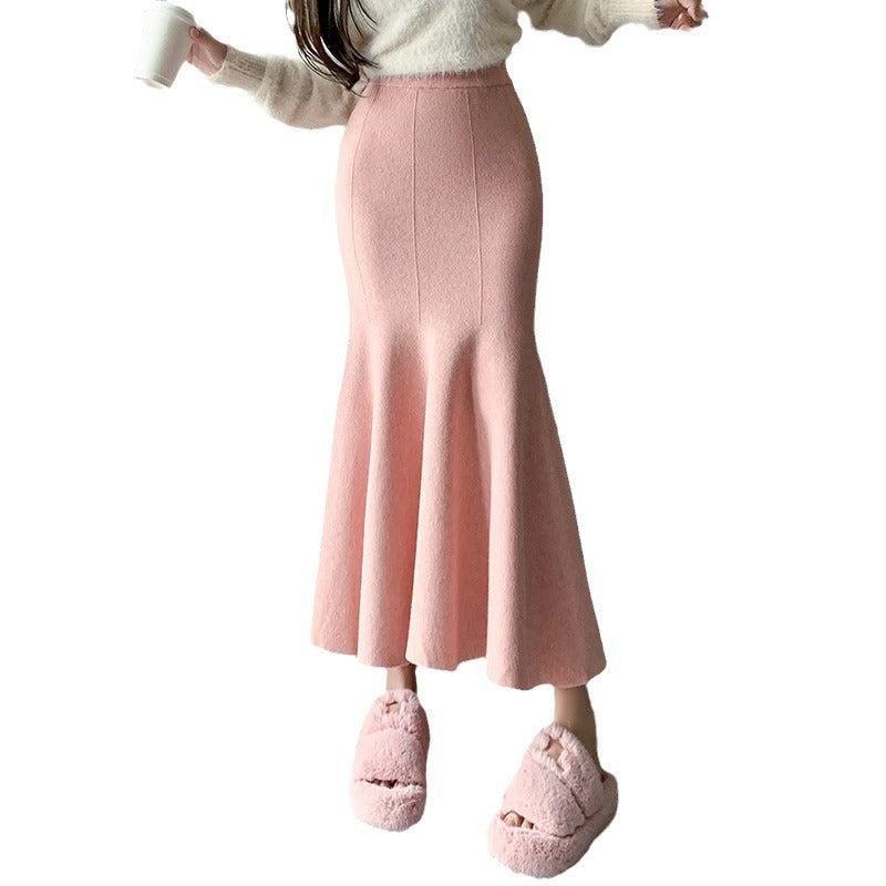 Knitted half length skirt for women in autumn and winter , new sweet and slim fit fishtail skirt, thickened and long, buttocks wrapped skirt(Weight:0.55kg)