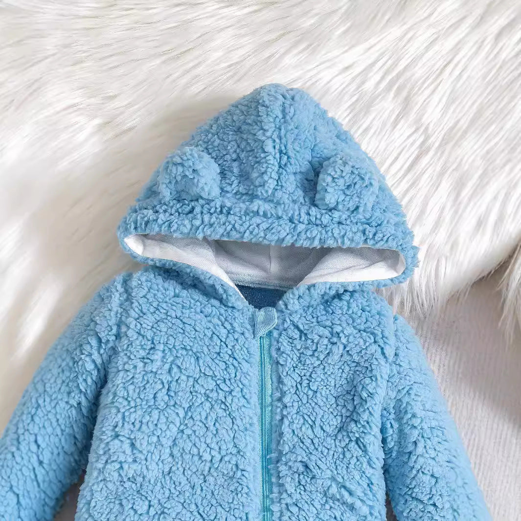 A baby onesie autumn and winter thickened padded bear hooded out long-sleeved zipper climbing suit