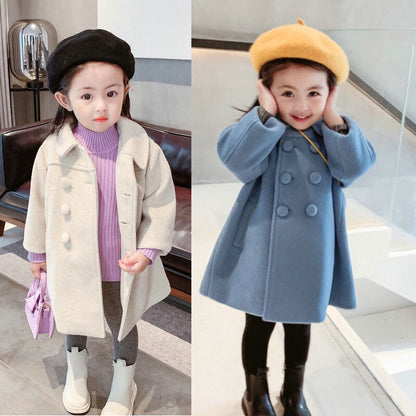 A girls woolen coat 2023 autumn and winter new children's Korean version lapel medium and long solid color woolen coat one piece hair