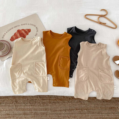 A Korean version of summer new baby jumpsuit ins Nordic style men's and women's baby solid color sleeveless vest jumpsuit