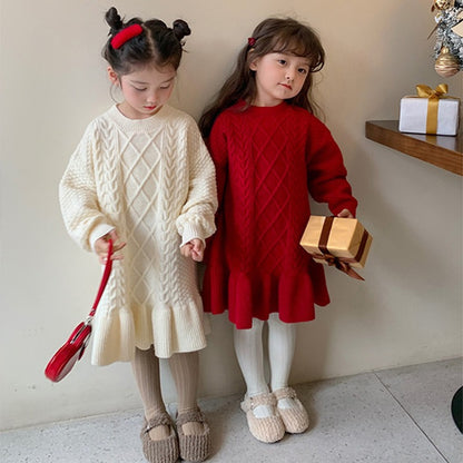 A girls Korean version of foreign style knitted wool skirt autumn and winter clothing new children's ruffle edge thickened princess dress