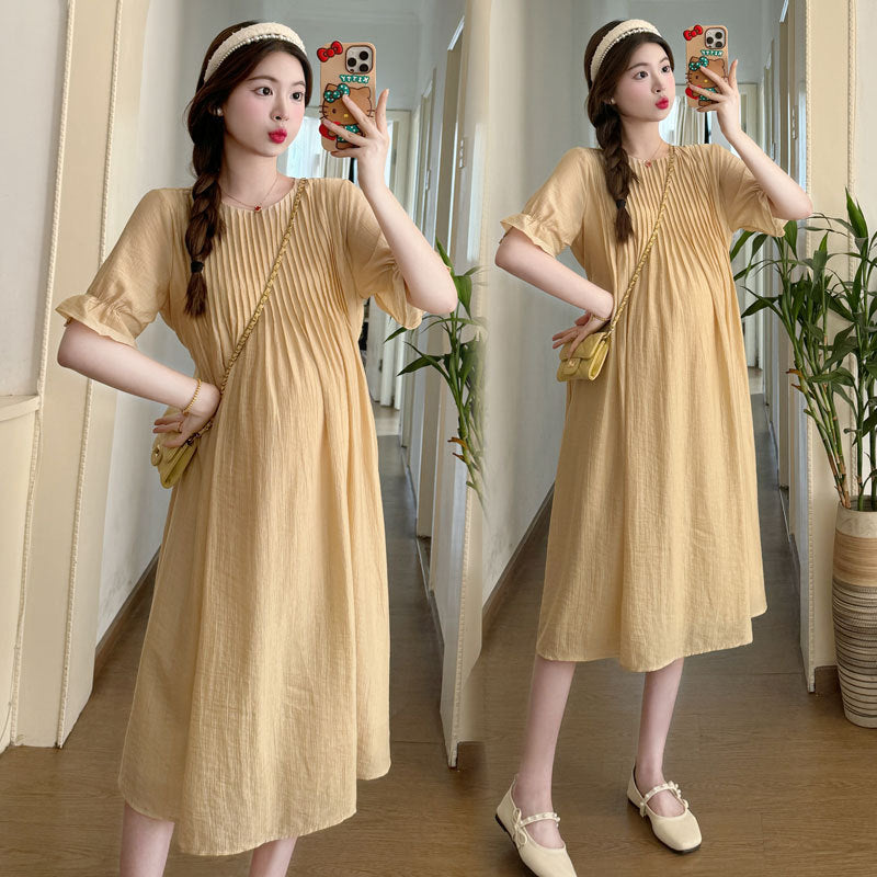 A maternity clothing summer medium and long dress short sleeve pleated gentle loose temperament thin and white maternity Tencel skirt