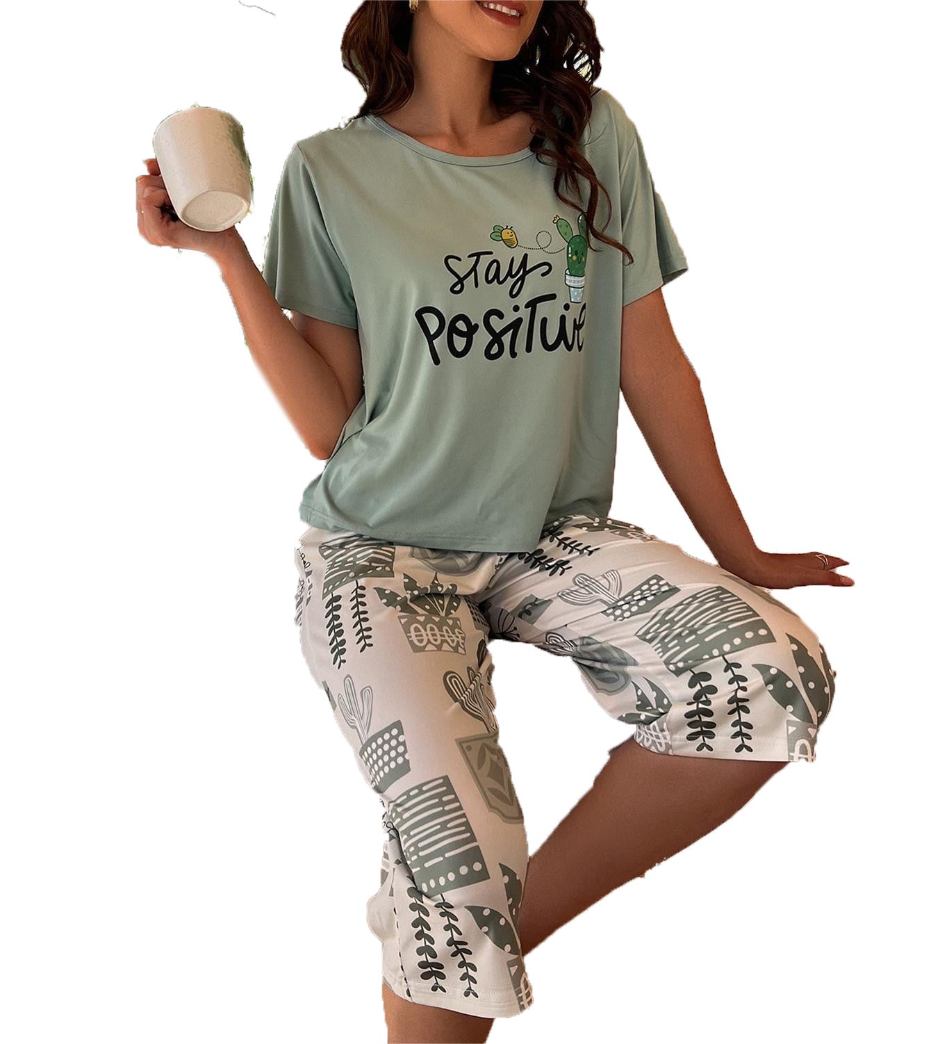 Pijama de verano europeo y americano transfronterizo de Amazon, camiseta de manga corta para mujer, pantalones de cinco puntos, ropa de estar por casa con flores de seda de leche, traje de mujer 