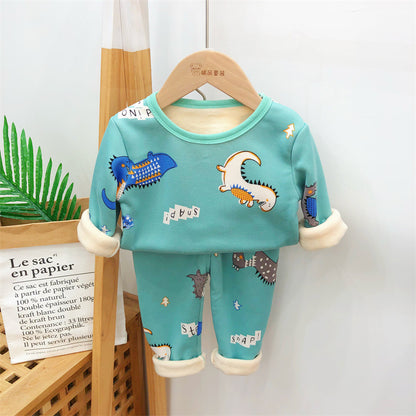 A handsome baby autumn clothes new velvet cartoon warm clothes two-piece set autumn and winter boys and girls suits wholesale