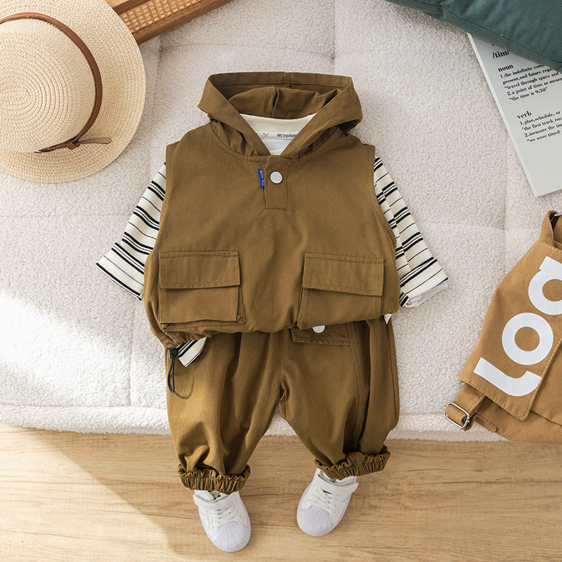 A autumn new boys lapel shirt long-sleeved three-piece boy's tooling trousers striped vest set