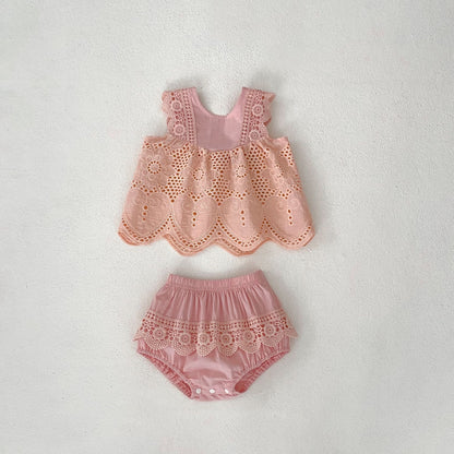 A 2024 Summer infant girl baby round neck sleeveless lace stitching top+pure color bag fart pants 2-piece suit