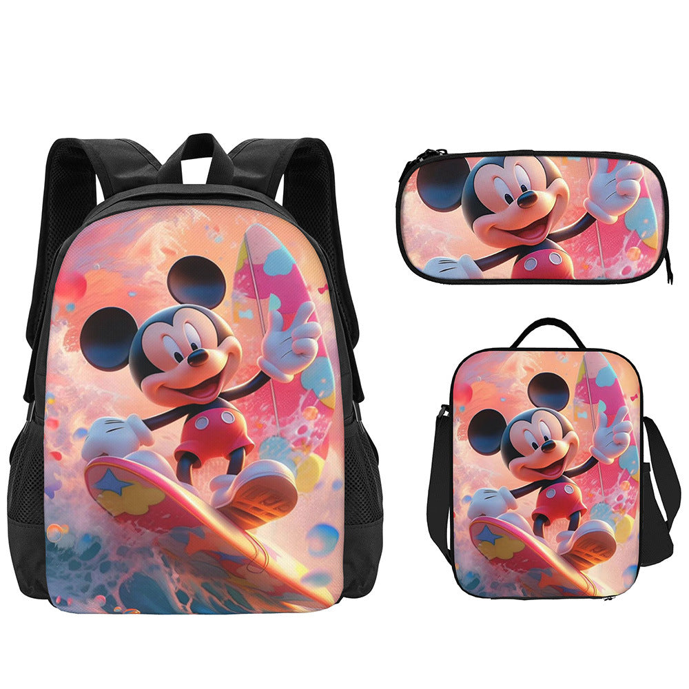 Mochila escolar de Mickey, estuche para lápices de primaria, bolsa de comida, mochila para niños de venta caliente transfronteriza, mochila para niños de jardín de infantes, conjunto de tres piezas para mujer 