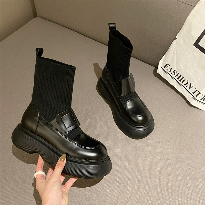 A Autumn and winter sleeve round head thick sole heightening short boots versatile fashion single boots trendy cool fashion personalized socks boots women