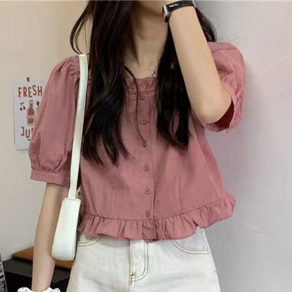 A Summer New 2024 Lotus Leaf Edge Short Sleeve Shirt Women's High Waist Salt Sweet Bubble Sleeves