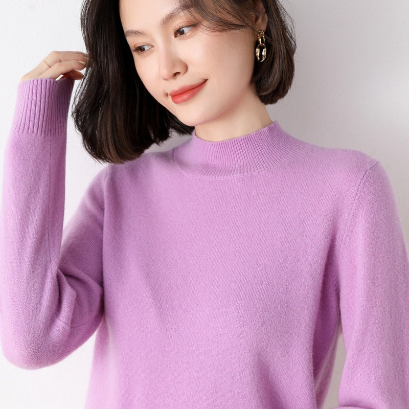 A Autumn and winter semi-turtleneck pullover wool sweater women's loose full-color short fleece sweater long-sleeved inner knitted bottoming shirt