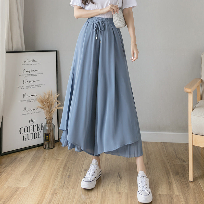 A real shot chiffon wide-leg pants women's 2024 summer high-waisted culottes loose and drape nine-point pleated wide-footed pants skirt