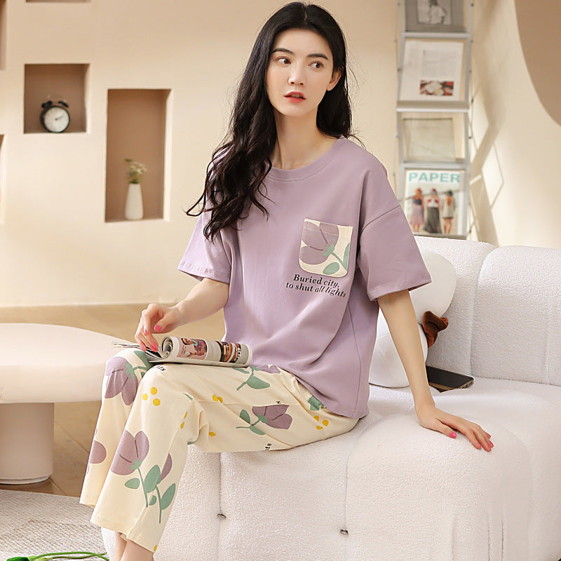 A pajamas women's summer women's pure cotton thin cool short-sleeved trousers round neck summer large-size women's loungewear suit