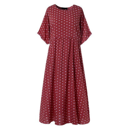 Polka dot loose plus size women's skirt with full hem, round neck pullover half-sleeved dress, temperament commuting long skirt