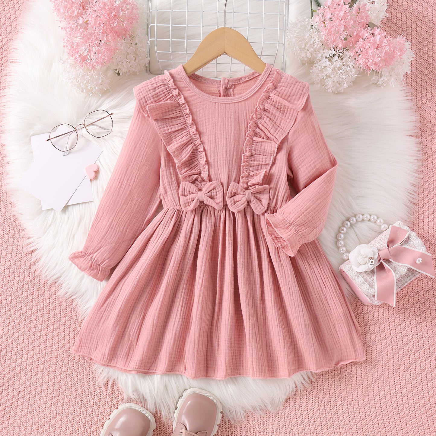 Korean girl autumn lace bow long sleeve waist texture Zou bu children&#039;s dress 0.2kg