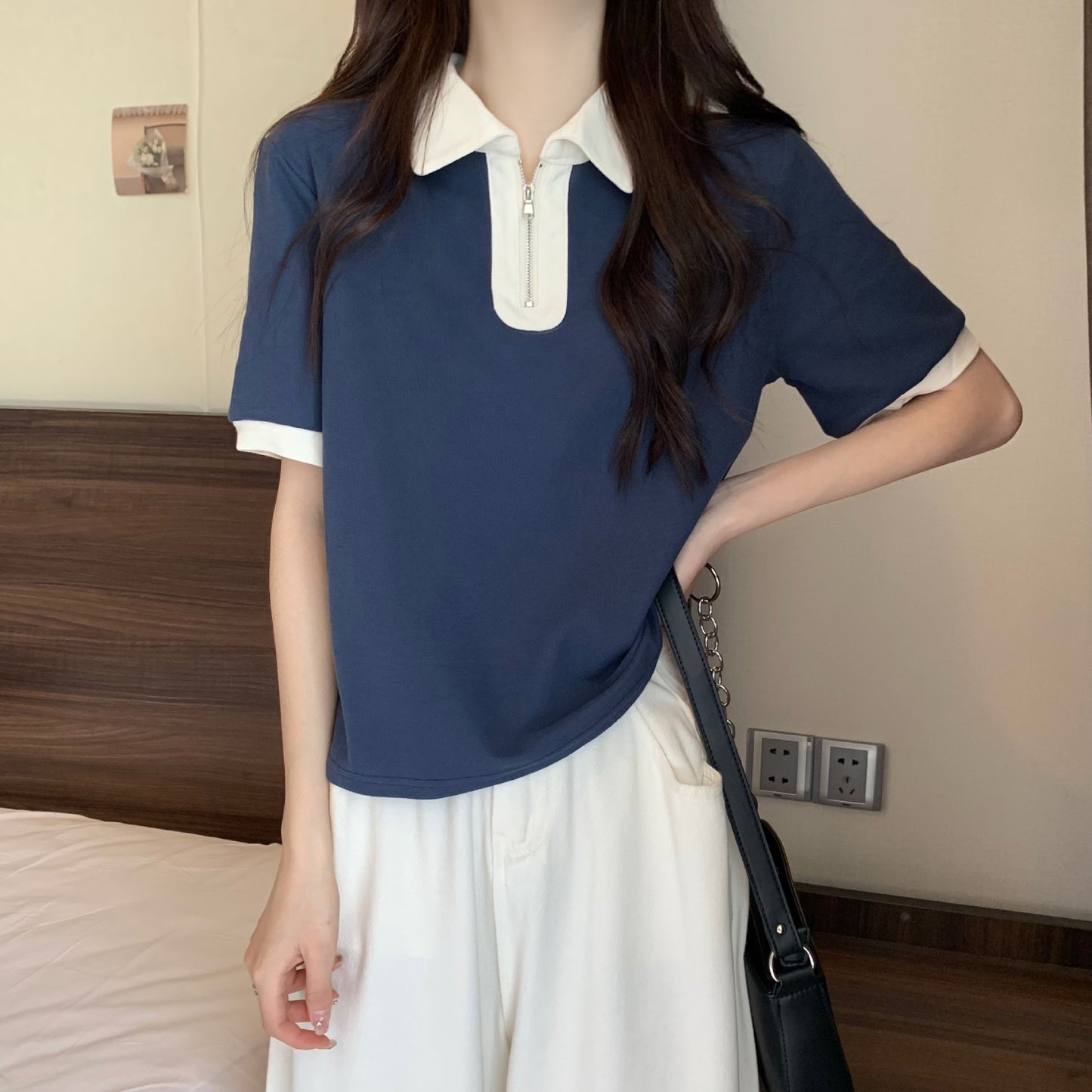 Large size women's clothing front shoulder short-sleeved T-shirt women's summer new polo shirt lapel thin zipper top, one piece is sent on behalf of others.