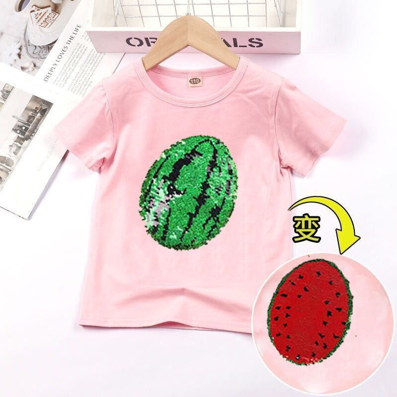 Camiseta de manga corta para niños, ropa para niñas pequeñas, camiseta de verano con lentejuelas que cambian de color, camiseta de media manga suelta extranjera, envío directo de una pieza 